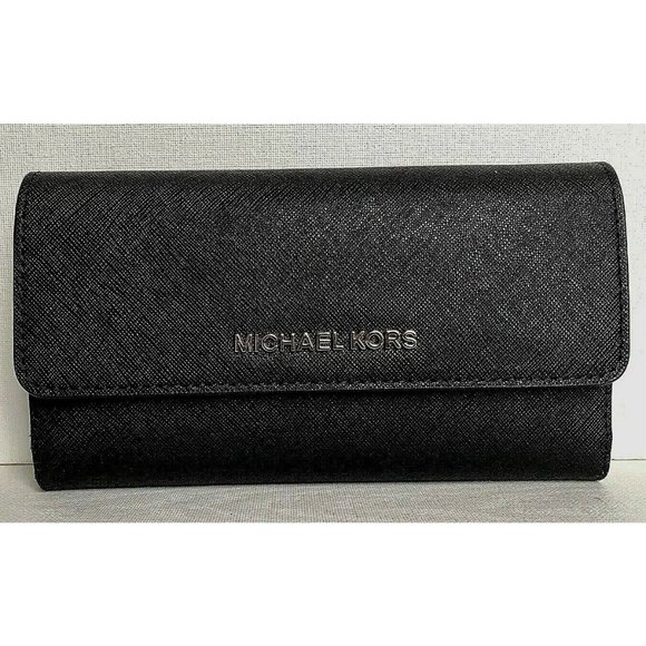 New Michael Kors Jet Set Travel Large Trifold Wallet Leather Black with Silver